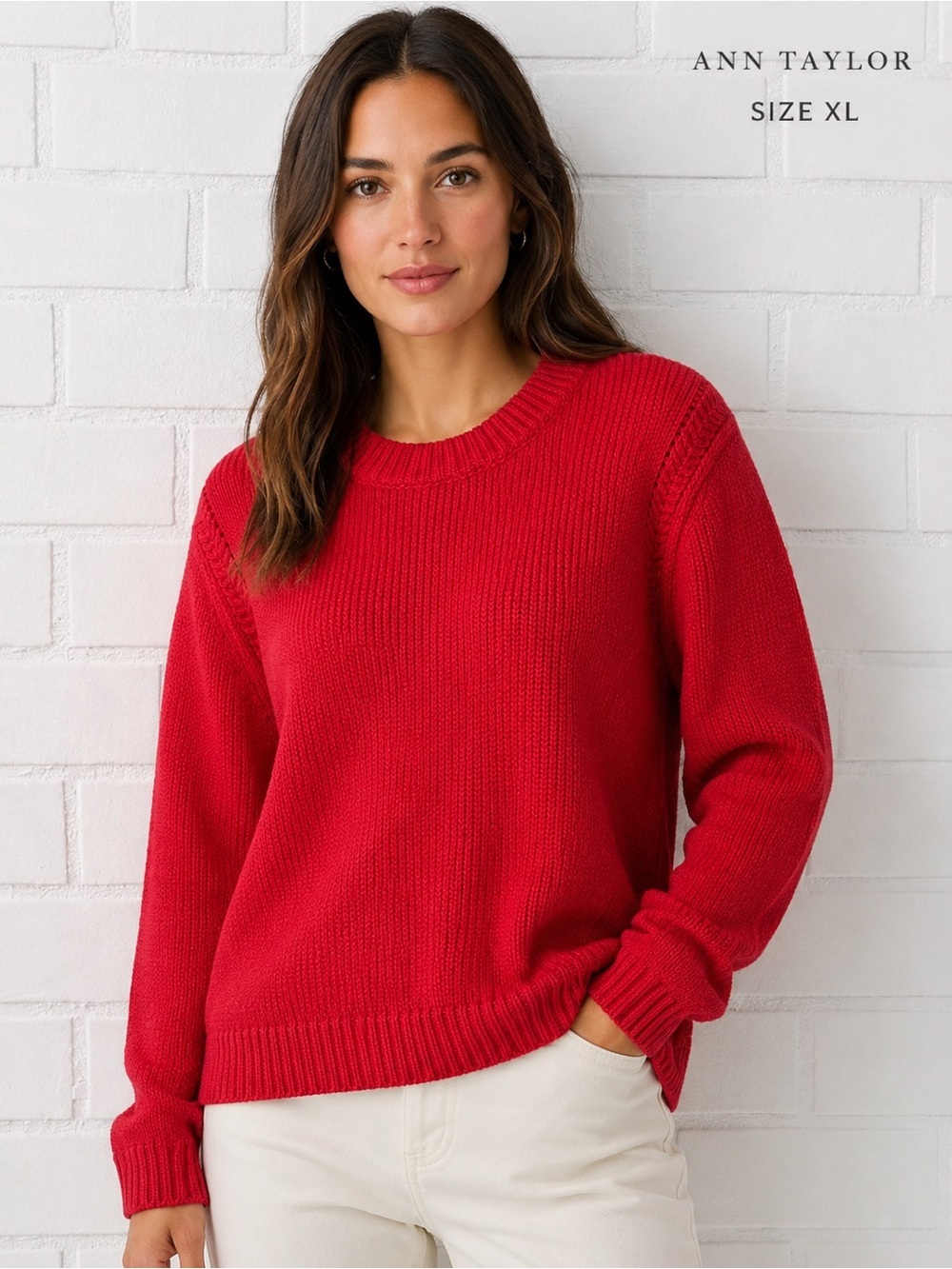 Ann Taylor Red Knit Sweater XL Crew Neck Long Sleeve Cozy Pullover